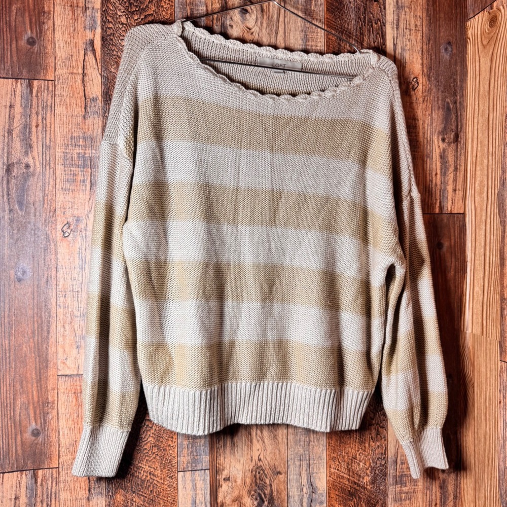 LOFT Beige Striped Knit‎ Sweater Medium - Casual Relaxed Fit